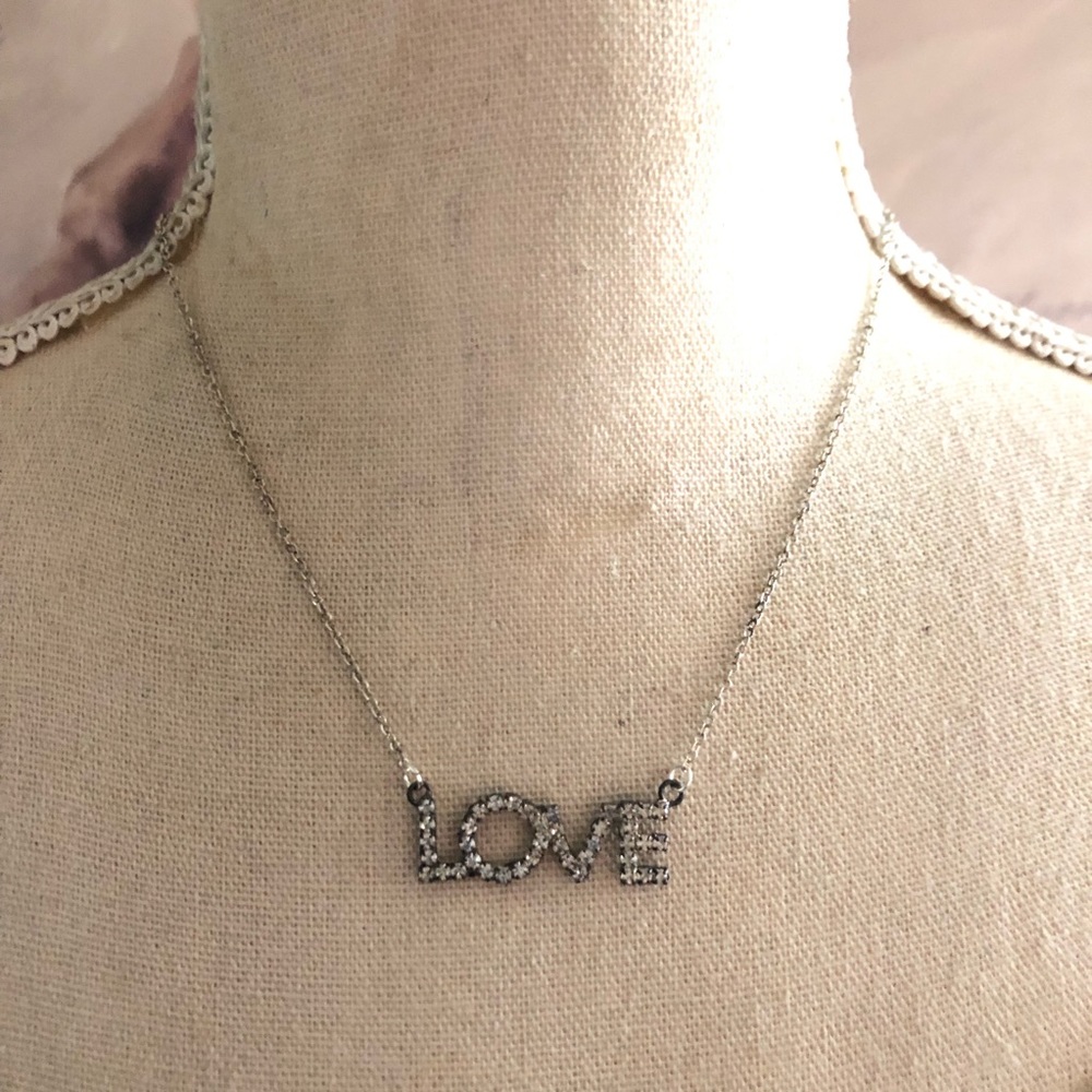 Vintage 70s clear rhinestone “LOVE” silver chain necklace